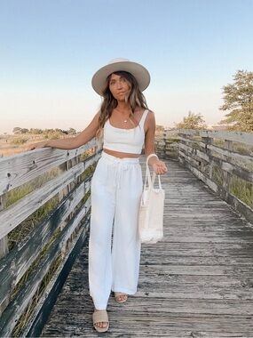 Abound 100% cotton Pants Wide-Leg White Cotton Drawstring  size small